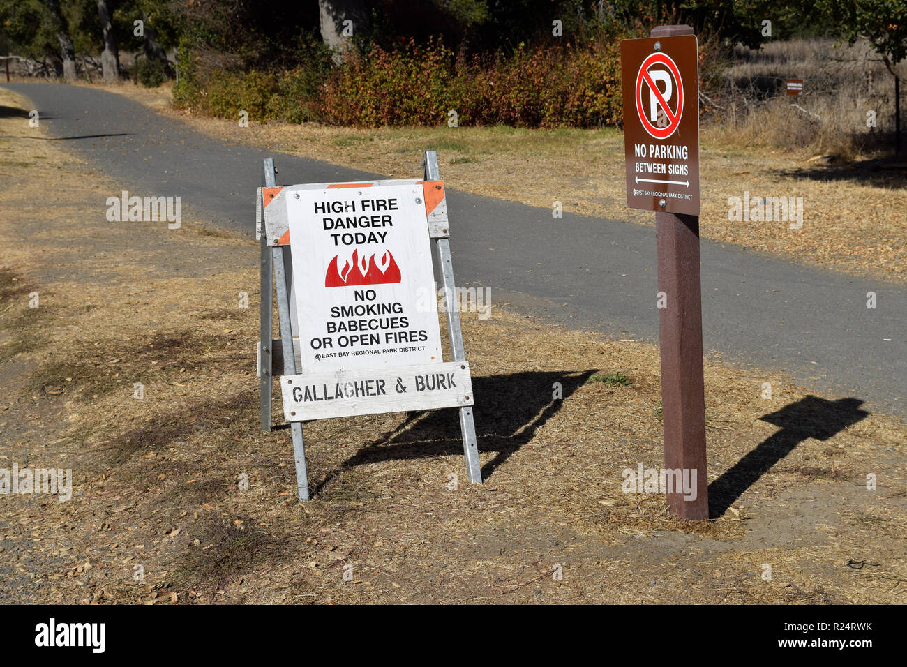 high fire danger warning sign at entrance to Alameda Creek Trail stables staging area, California, early November Stock Photo