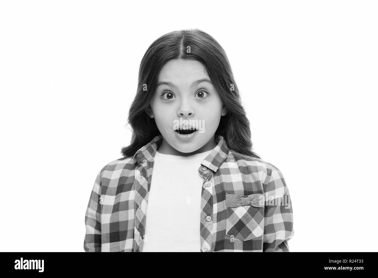Kid With Shocked Look Isolated On White Girl With Long Brunette