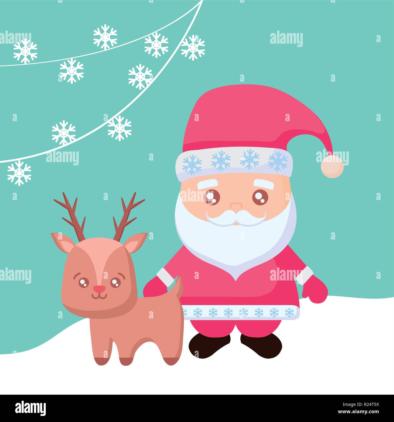 cartoon santa claus and deer over blue background, vector illustration ...