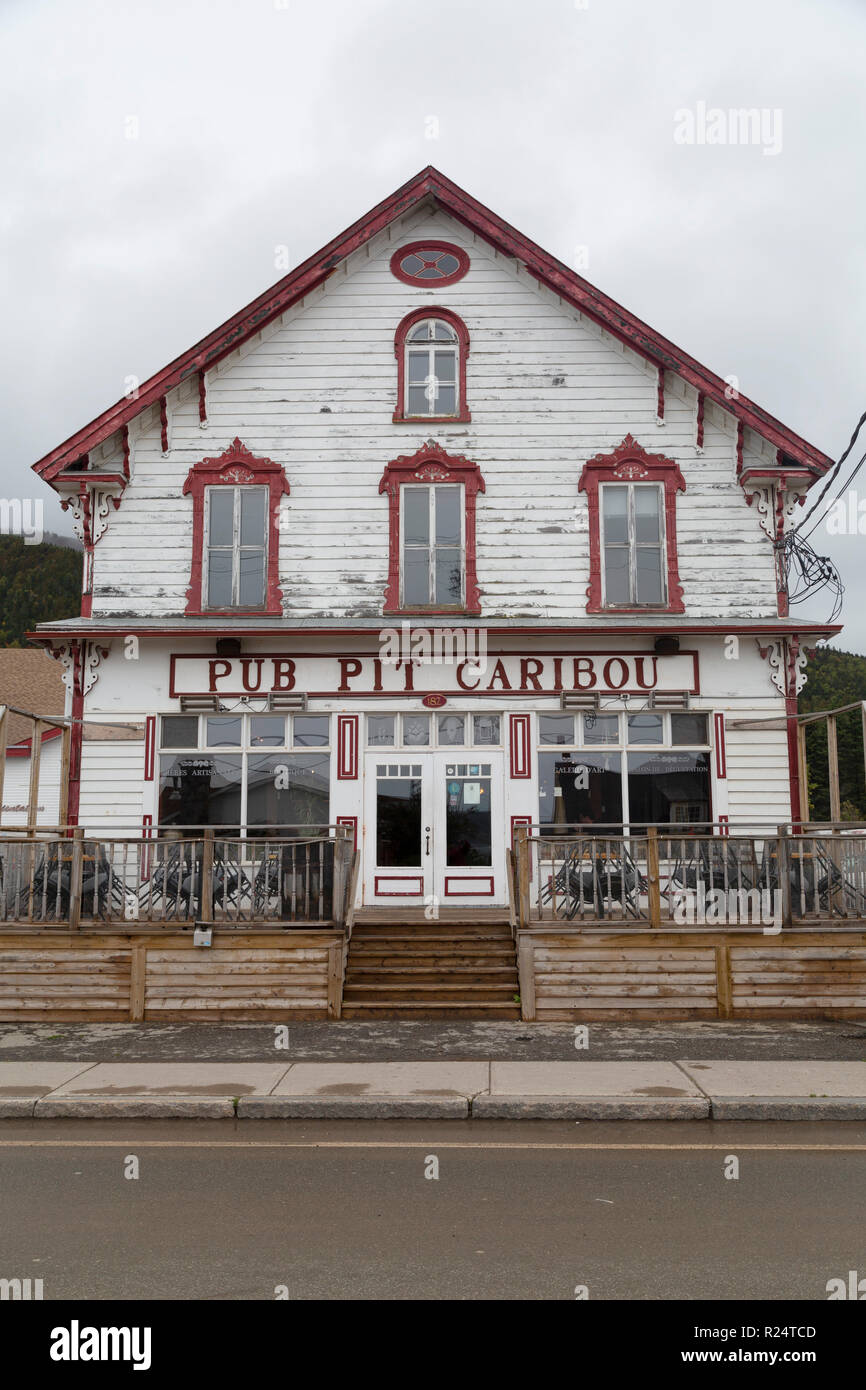 The Pub Pit Caribou in Perce, Canada. Pit Caribou is a micro-brewery and the pub regularly hosts live music. Stock Photo