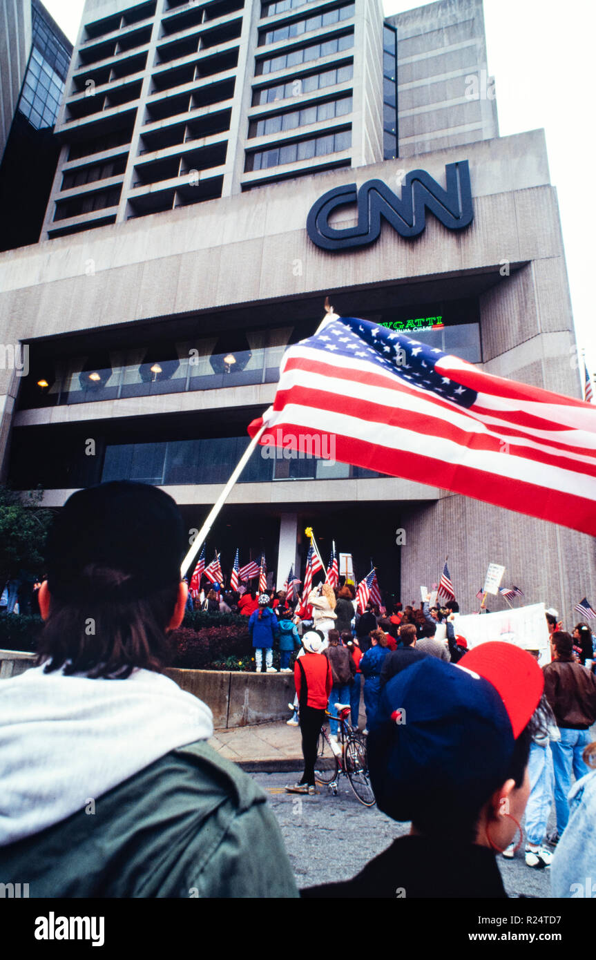 Demonstration outside CNN Center in Atlanta, Georgia as Operation Desert Storm begins on January 17, 1991 Stock Photo