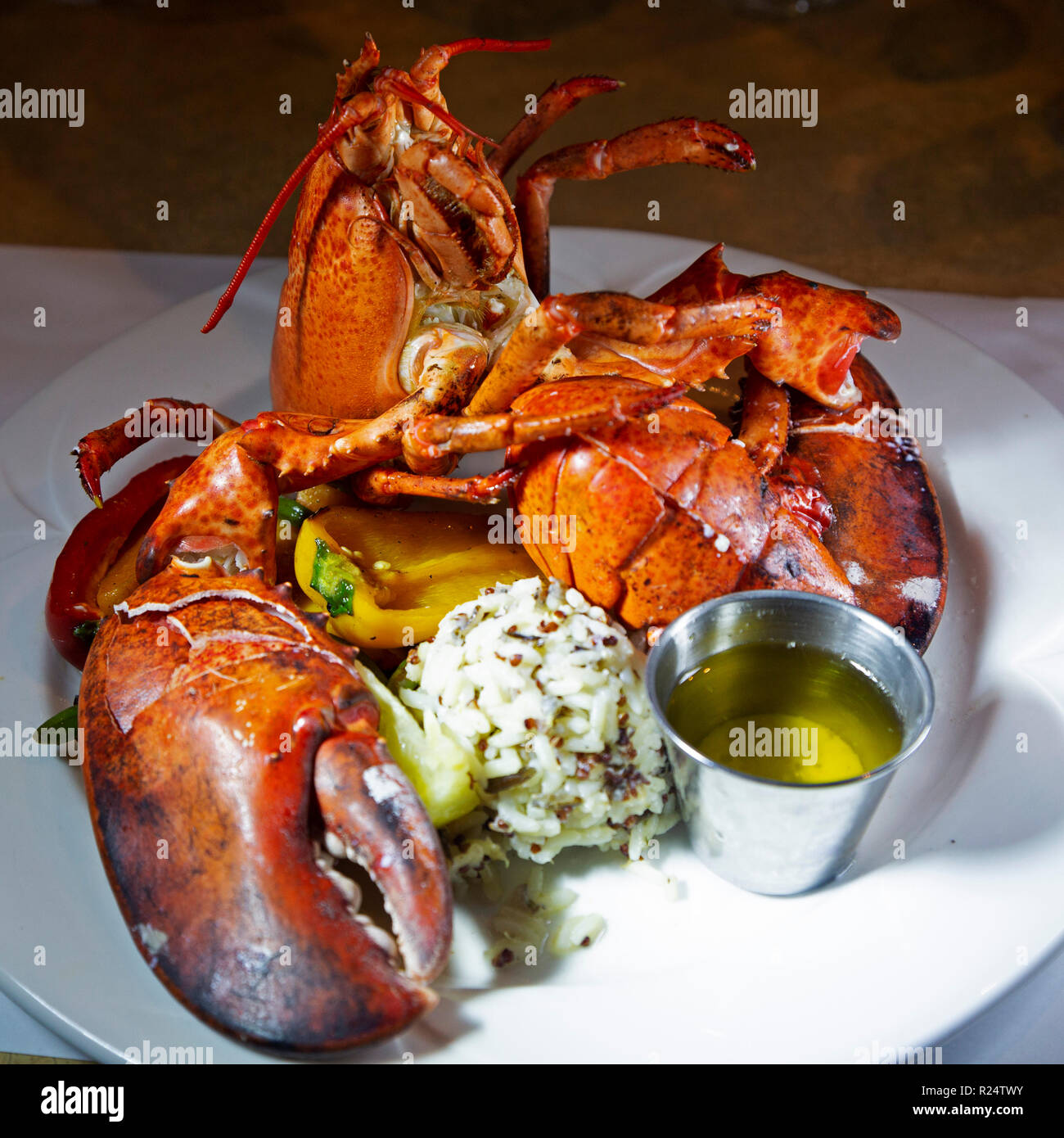 Lobster served in Canada. It is served accompanied by rice and a butter sauce. Stock Photo