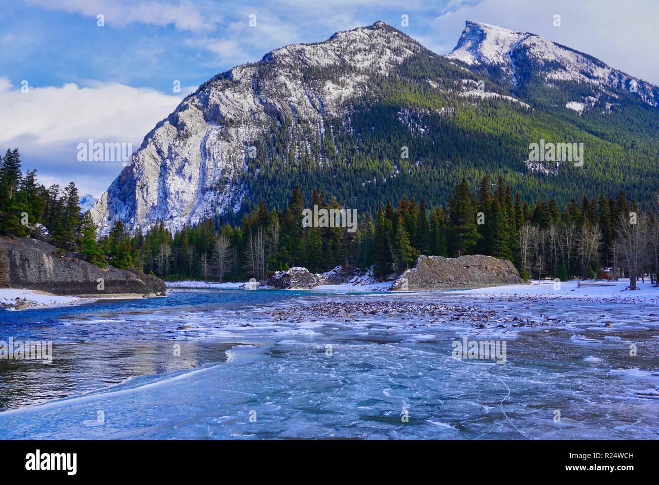Rugged mountain scenery from Bow Falls Trail in Banff, Alberta Stock
