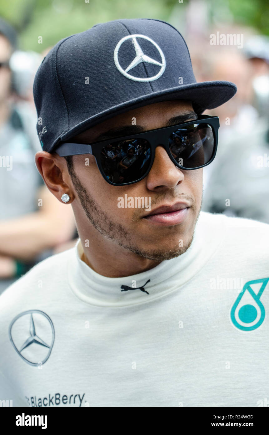 Lewis Hamilton, Mercedes Formula 1 Grand Prix racing driver. F1 World Champion motor racing driver in Mercedes race overalls and cap, hat Stock Photo