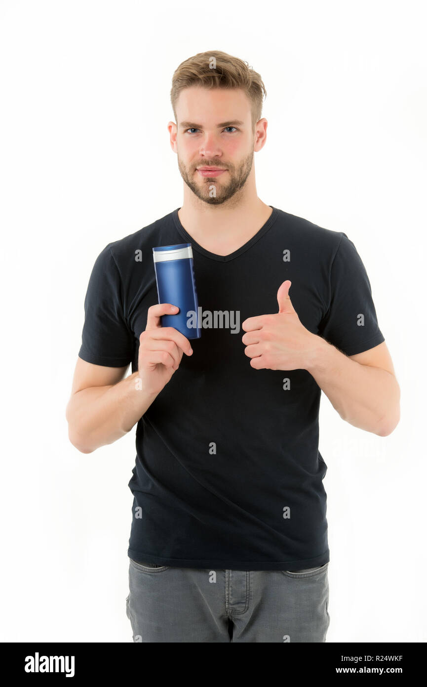Remedies Get Rid Of Dandruff Man Hold Bottle Shampoo Show Thumb