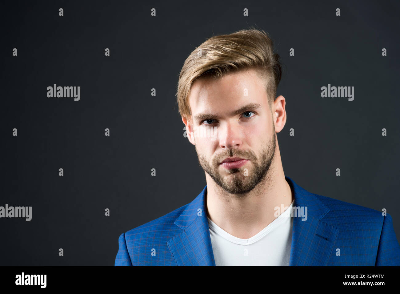 Man Serious Bearded Unshaven Guy With Perfect Hairstyle Dark