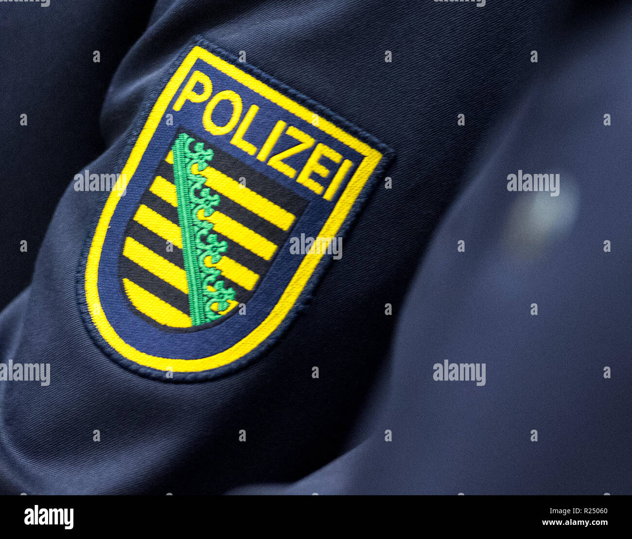 Riesa, Germany. 16th Nov, 2018. The coat of arms of the Saxon police is ...