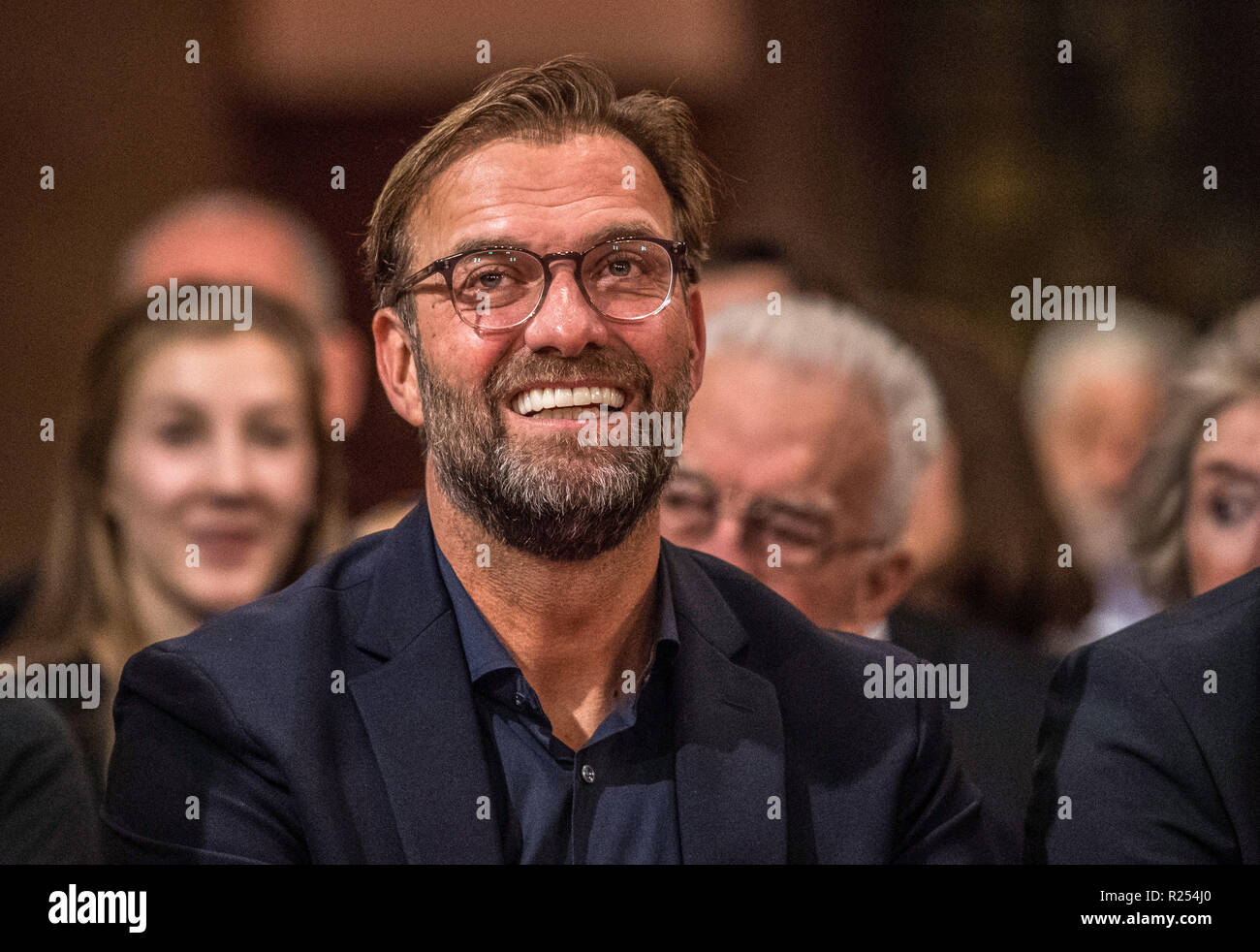 Mainz, Germany. 16th Nov, 2018. Jürgen Klopp, football coach FC Liverpool,  laughs before the award ceremony in the Christuskirche. The football coach  of FC Liverpool and former coach of the Bundesliga team