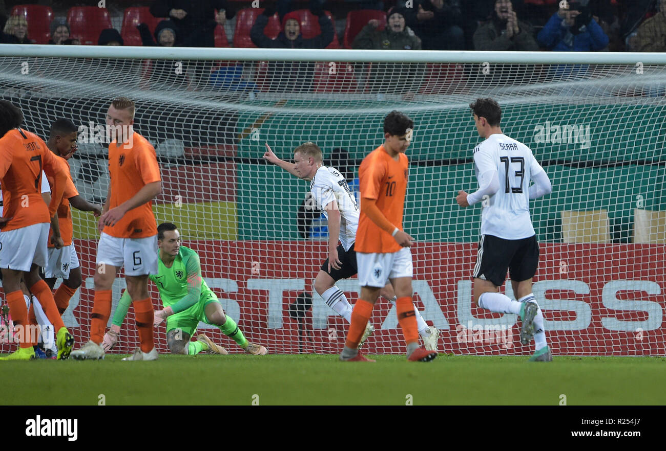 16 November 2018, Hessen, Offenbach: Soccer, U-21 men: International match, Germany - Netherlands in the Sparda-Bank-Hessen Stadium. Philipp Ochs (3rd from right) from Germany cheers after his converted penalty kick to 1:0. Photo: Silas Stein/dpa Stock Photo