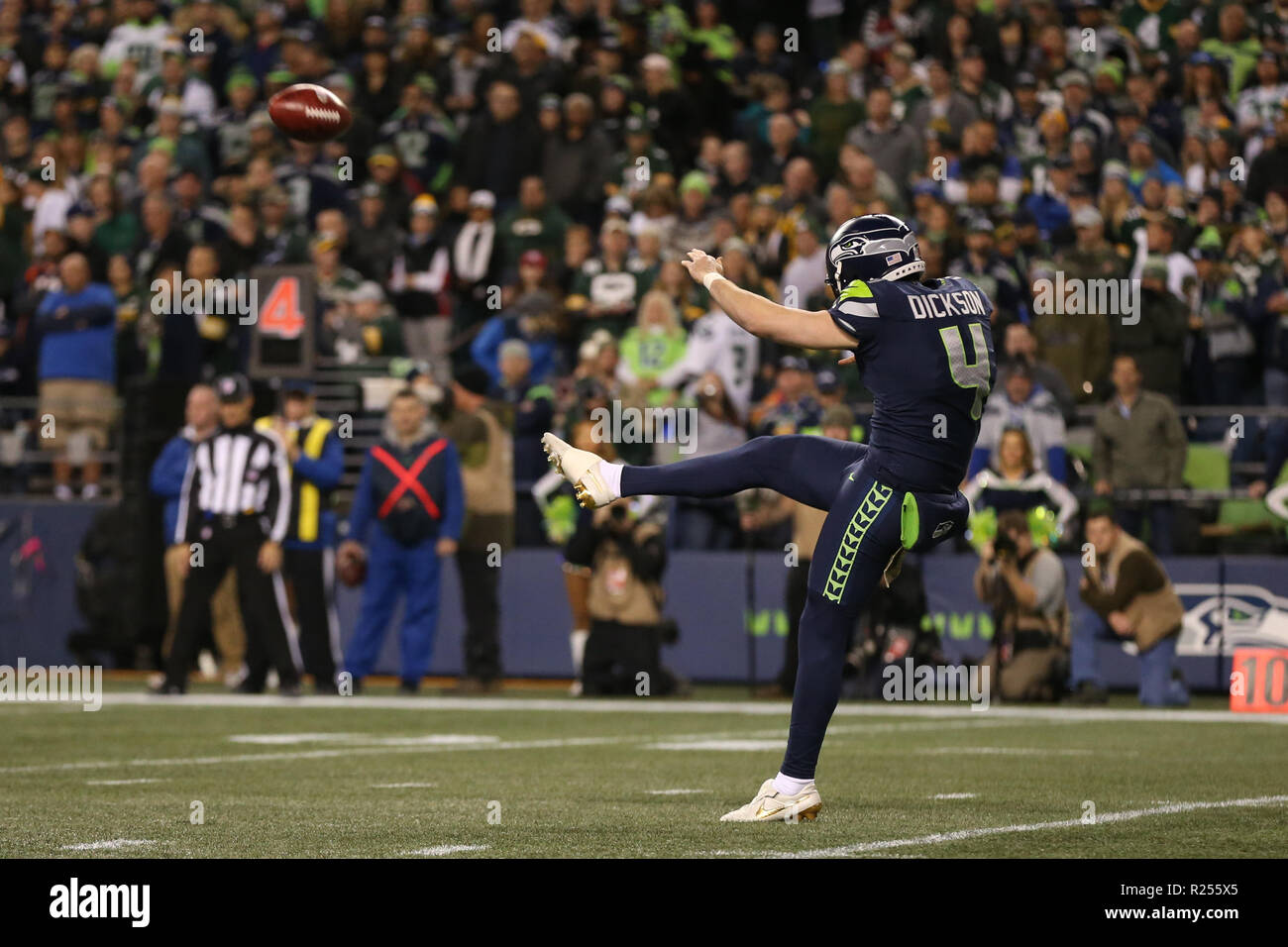 Seattle Seahawks punter Michael Dickson, left, talks with long snapper  Chris Stoll before the NFL football team's mock game, Friday, Aug. 4, 2023,  in Seattle. (AP Photo/Lindsey Wasson Stock Photo - Alamy