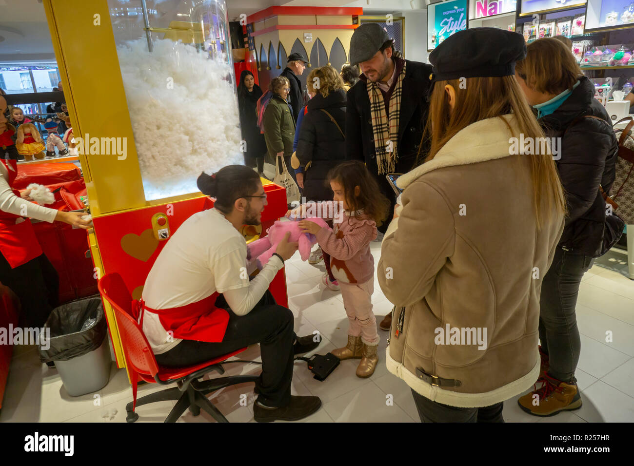New York, USA. 16th November 2018. The Build-a-Bear workshop in the toy emporium FAO Schwarz, seen on its grand opening, Friday, November 16, 2018. Three years after closing its doors on Fifth Avenue the retailer has been resurrected by the ThreeSixty Group which purchased the brand from Toys R Us in 2016. The new store captures the essence and nostalgia of the former location including the giant keyboard that was seen in the movie 'Big'. (Â© Richard B. Levine) Credit: Richard Levine/Alamy Live News Stock Photo