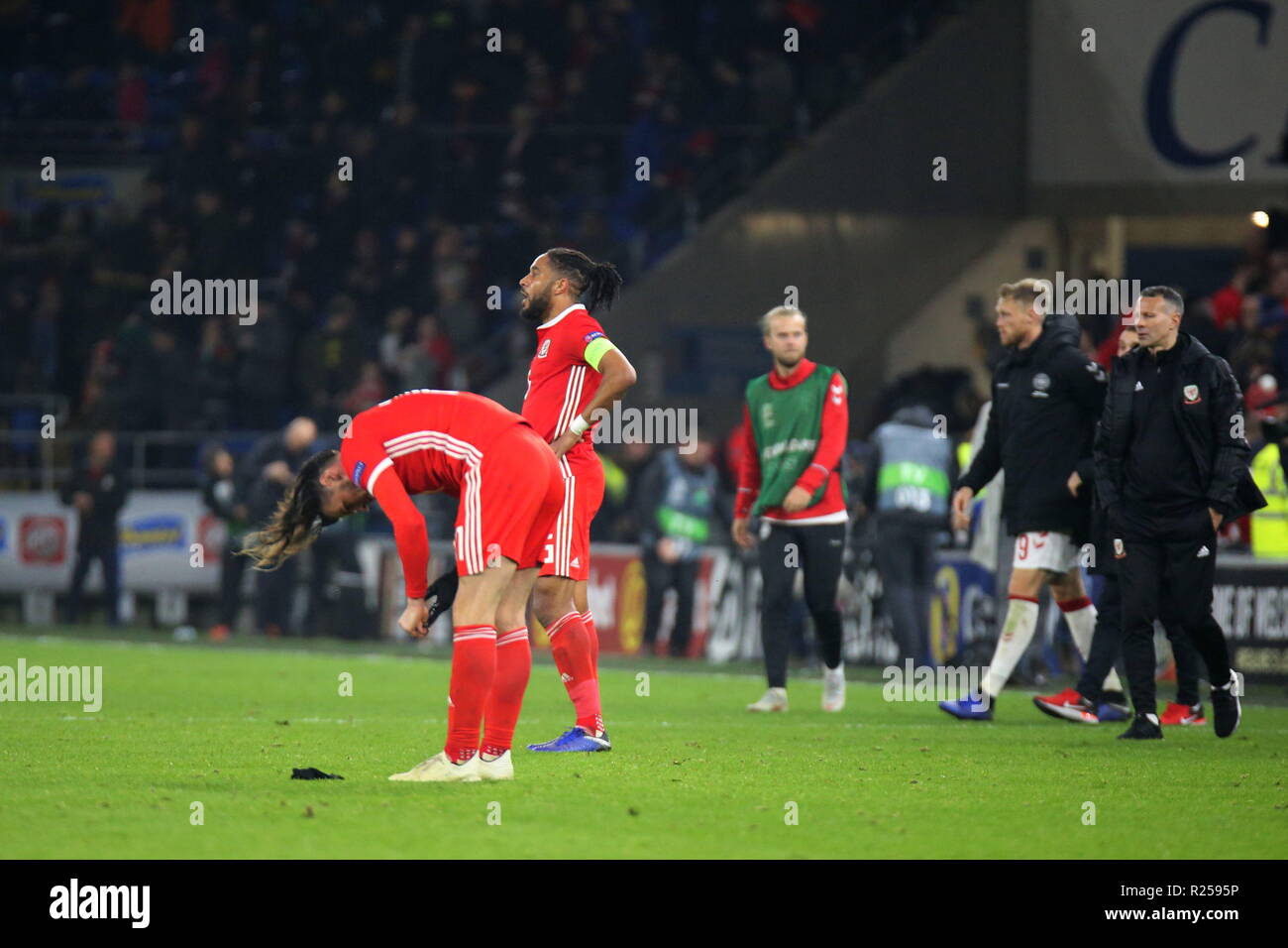 16th November 2018, the UEFA Nations League match Wales v Denmark at the Cardiff City Stadium. Gareth Bale, Ashley Williams of Wales are dejected at losing their game. News use only. Credit: www.garethjohn.uk/Alamy Live News Stock Photo