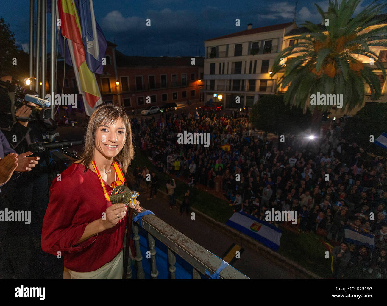 Spanish Karateka Sandra Sanchez seen posing with her Gold medal during the celebrations at her home town in Talavera de la Reina. Stock Photo