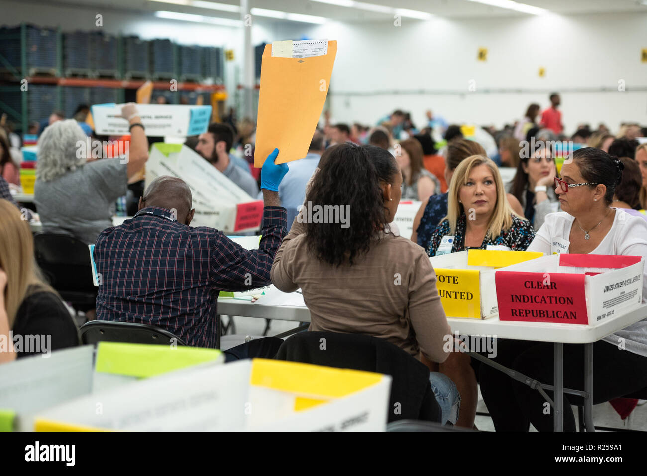 Fort Lauderdale, USA. 16th November 2018. Broward County conducts a hand recount of ballots for the senator, at the Supervisor of Elections office. Credit: SOPA Images Limited/Alamy Live News Stock Photo