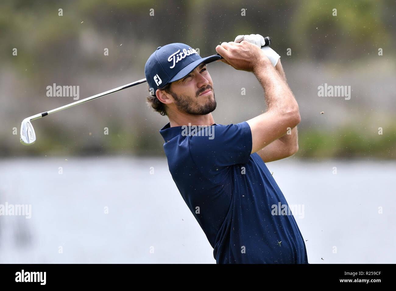 Sydney, Australia. 17th November 2018, The Lakes Golf Club, Sydney, Australia; Emirates Australian Open Golf, round 3; Matt Jager of Australia watches the flight of his second shot on the 1st hole Credit: Action Plus Sports Images/Alamy Live News Stock Photo