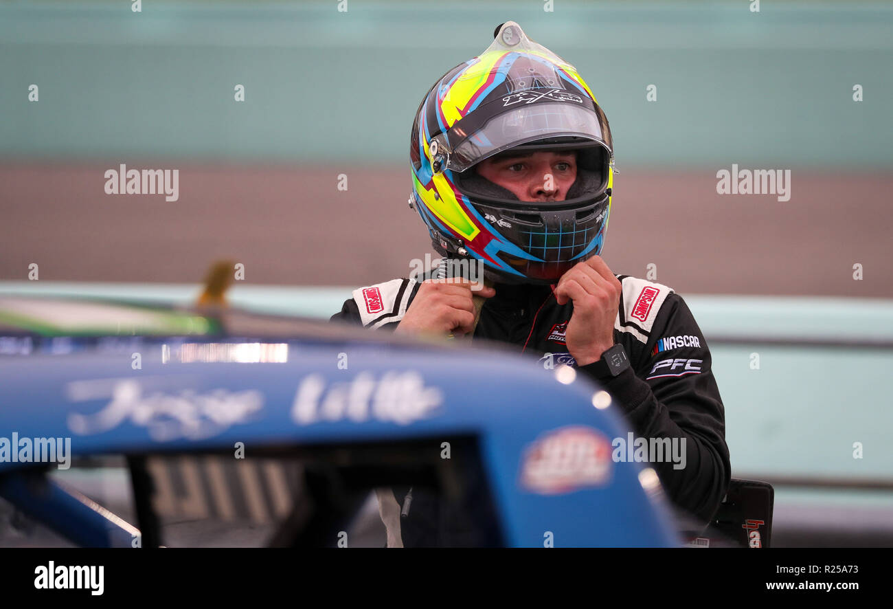 Homestead, Fla, USA. 16th Nov, 2018. Jesse Little, driver of the (97) SkuttleTight Ford, prepares for the NASCAR Camping World Truck Series Ford EcoBoost 200 qualifying session, at the Homestead-Miami Speedway in Homestead, Fla. Mario Houben/CSM/Alamy Live News Stock Photo