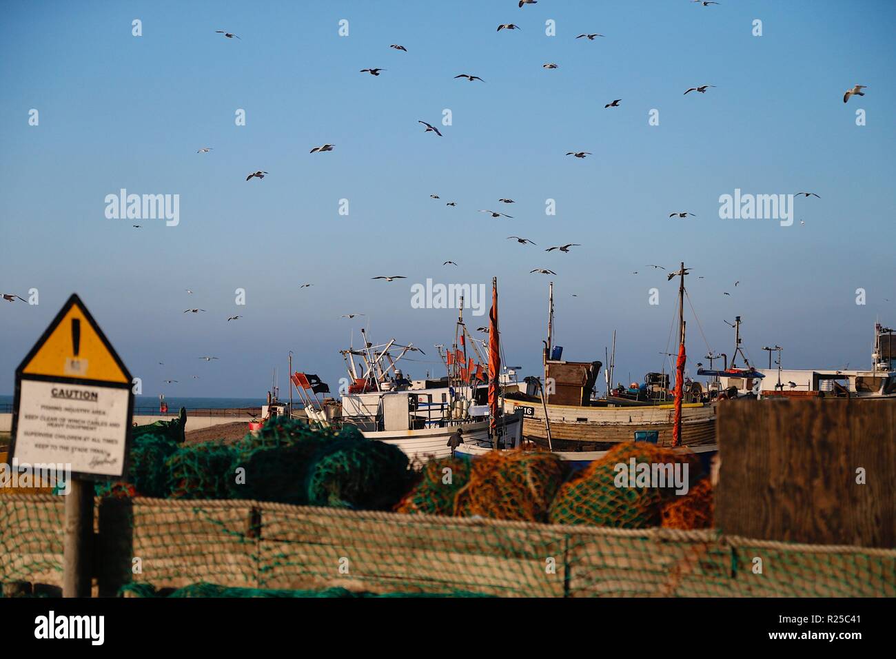 Hastings fishing boats, historical fishing beach, the largest beach-launched fishing fleet in Britain, the stade, hastings, east sussex, uk Stock Photo