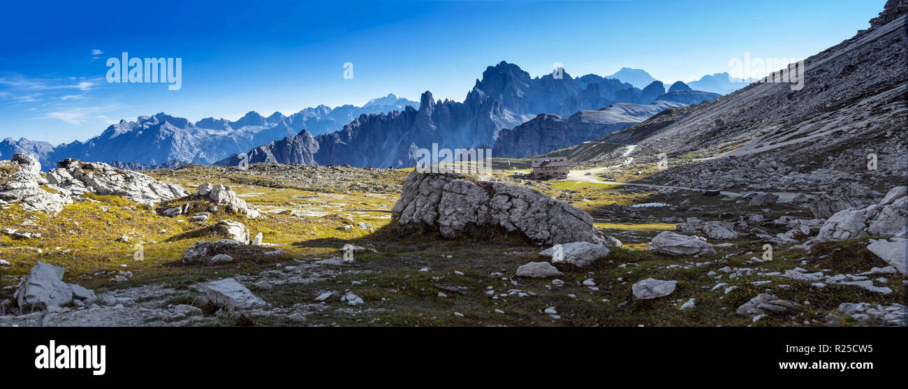 Trekking to National Park Tre Cime di Lavaredo. Dolomites, South Tyrol, Italy Stock Photo