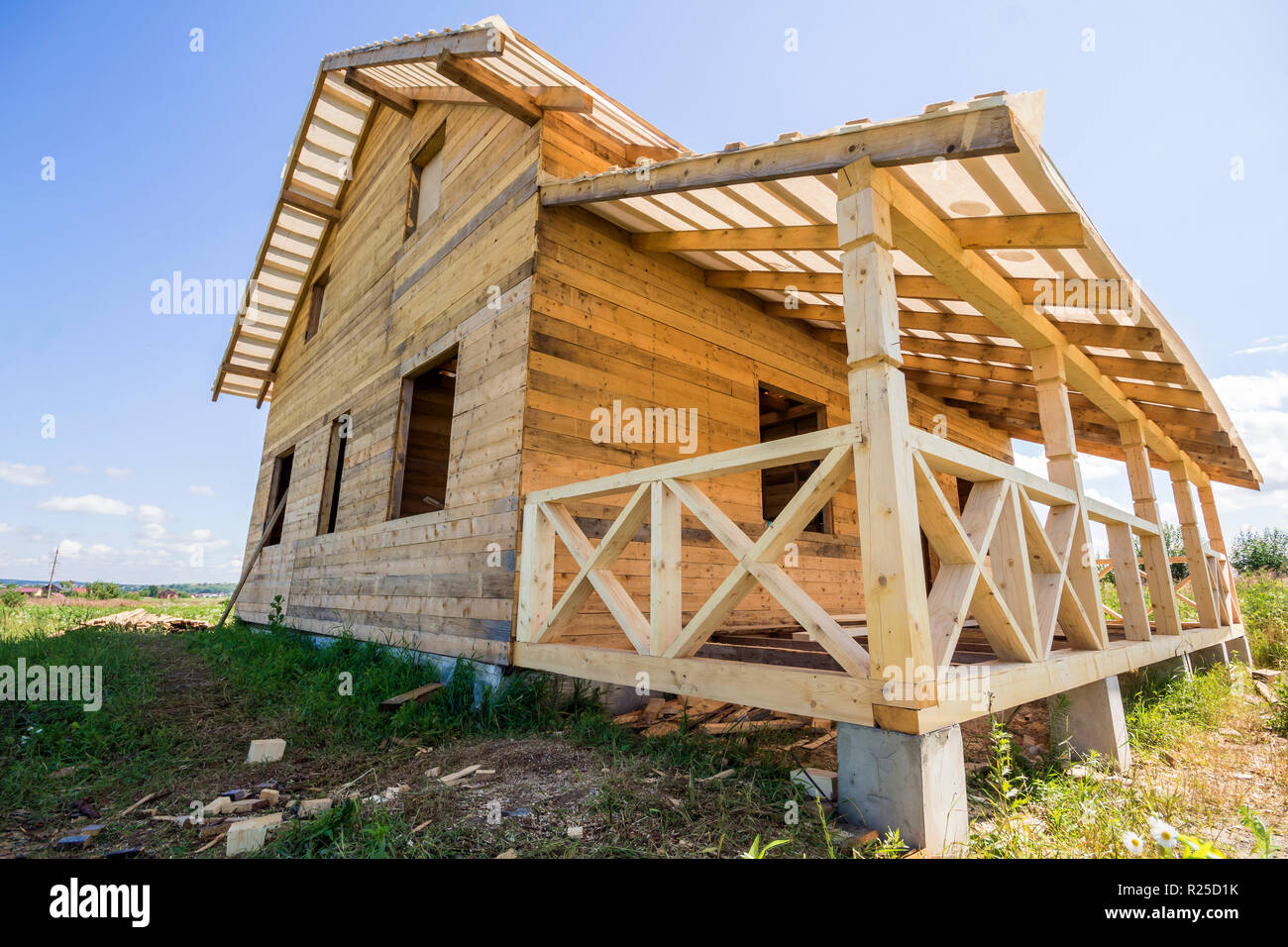 Part Of Unfinished Wooden Ecological Traditional Cottage Of