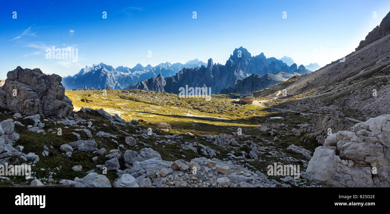 Trekking to National Park Tre Cime di Lavaredo. Dolomites, South Tyrol, Italy Stock Photo