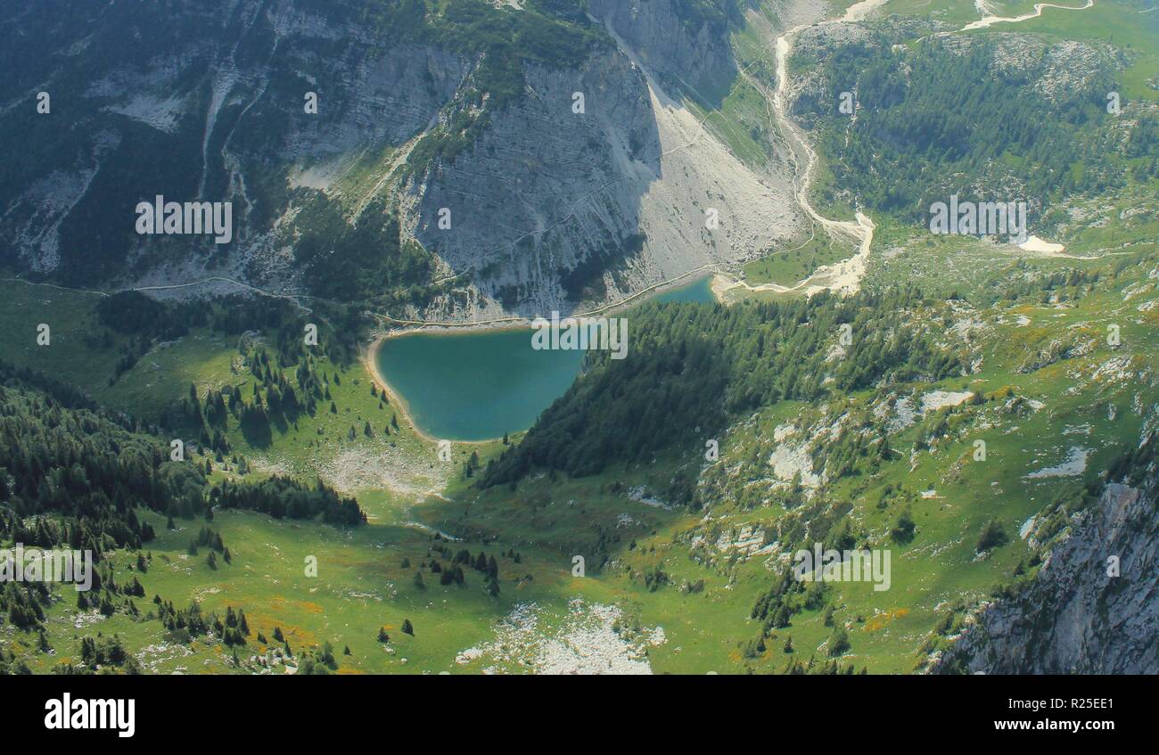 Lake Krn landscape, aerial photo, Julian Alps, Alpe Adria trail, Slovenia, central Europe Stock Photo