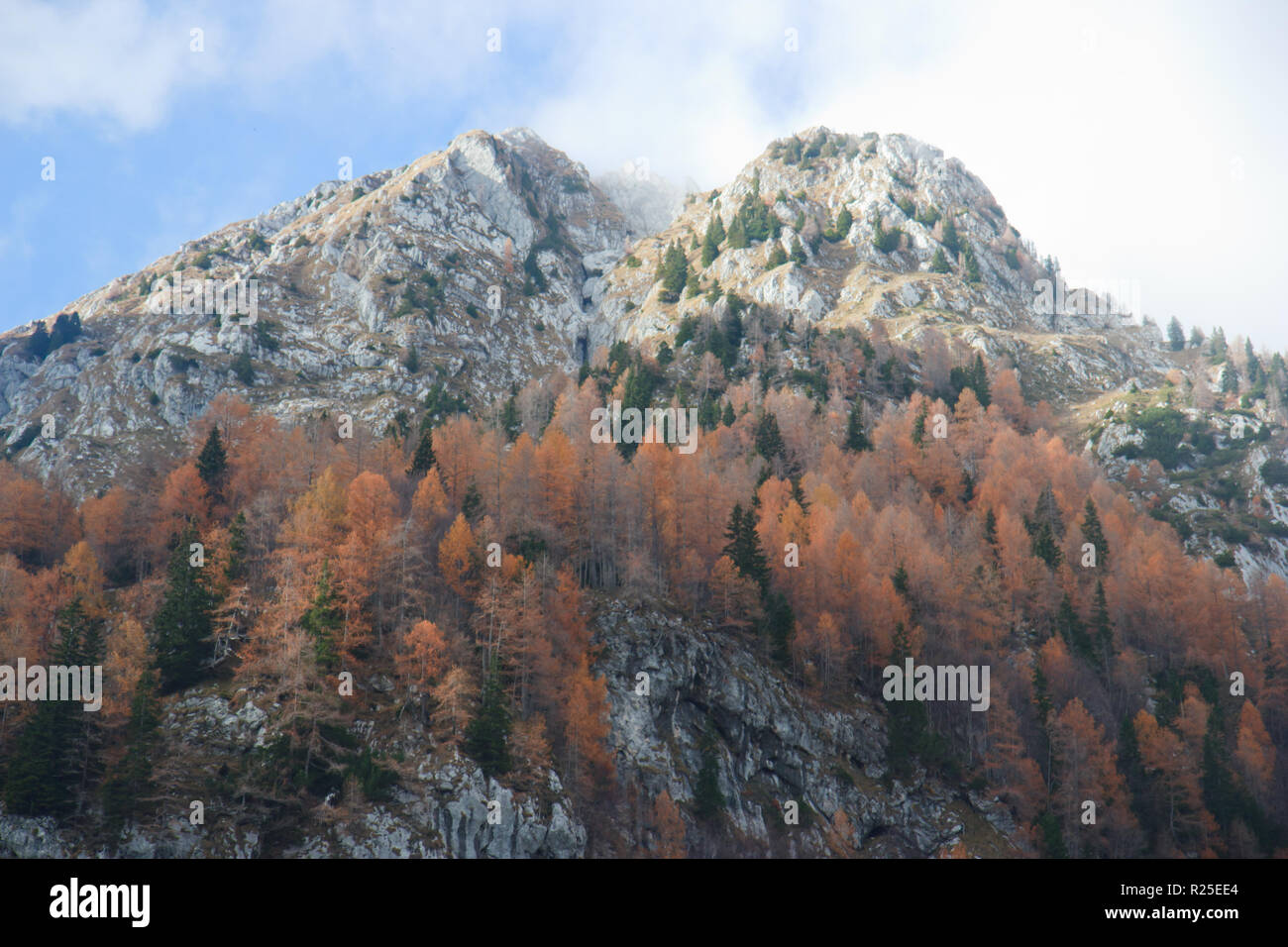 Mount Lemez in autumn, Krn mountains, Julian Alps landscape, Alpe Adria Trail, Slovenia, Central Europe Stock Photo