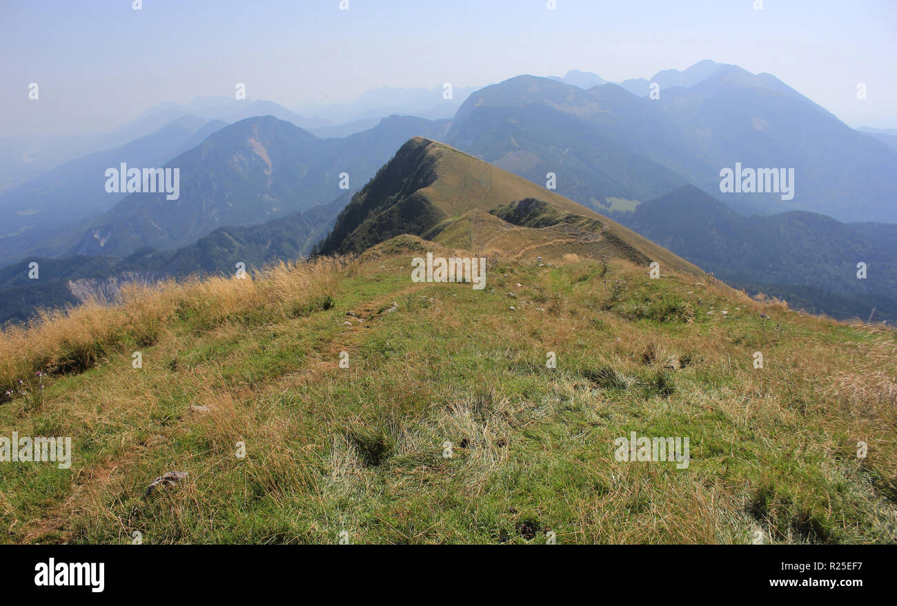 Southeastern Alps, view from Golica, Karavanke mountains and Julian Alps, Triglav national park, Alpe Adria trail, Slovenia, central Europe Stock Photo