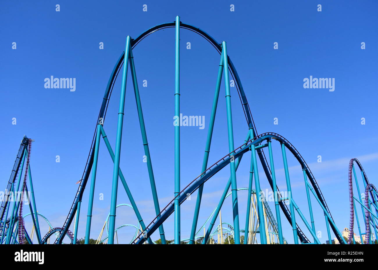 Orlando, Florida. October 19, 2018 Panoramic view of amusement Mako and Kraken Rollercoasters in Seaworld Theme Park. Stock Photo