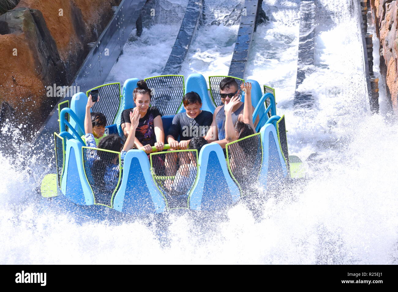 Seaworld Waterfall Ride Orlando, Florida. October 19, 2018 People enjoying new river attraction ...