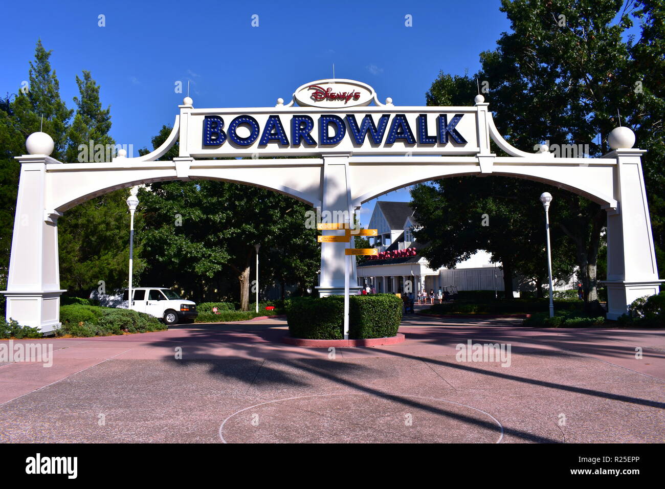 Orlando, Florida; October 10, 2018  Boardwalk Main Entrance . It's a charming walk, styled after turn on the Atlantic City, with restaurants and night Stock Photo