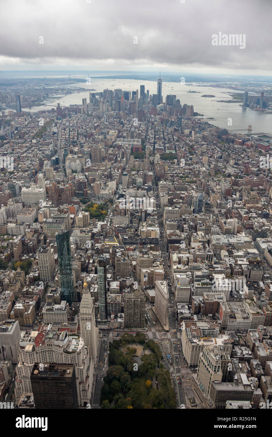 helicopter aerial view of Rose Hill and Gramercy Park, midtown to downtown Manhattan New York, USA Stock Photo