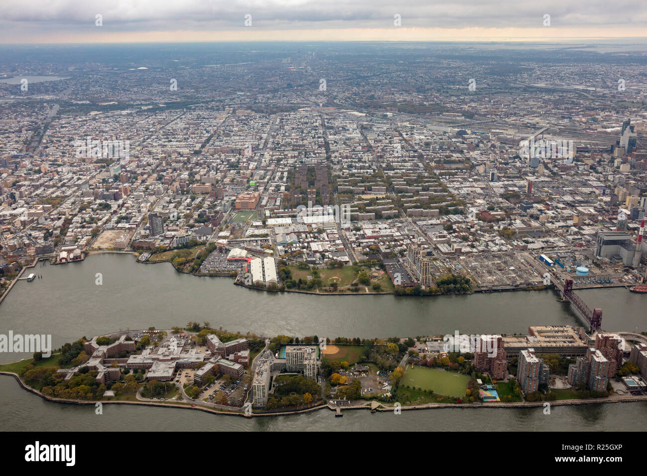 helicopter aerial view of Long Island City, Queens, from Manhattan, New York, USA Stock Photo