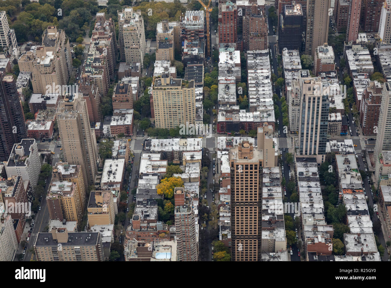 helicopter aerial view of Yorkville at 88th St, Upper East Side Manhattan, New York, USA Stock Photo
