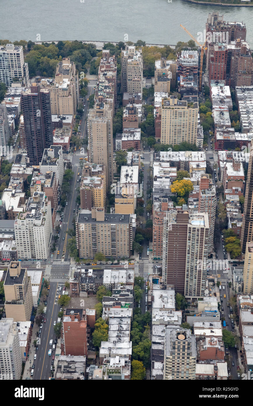 helicopter aerial view of Yorkville at 85th St, Upper East Side Manhattan, New York, USA Stock Photo