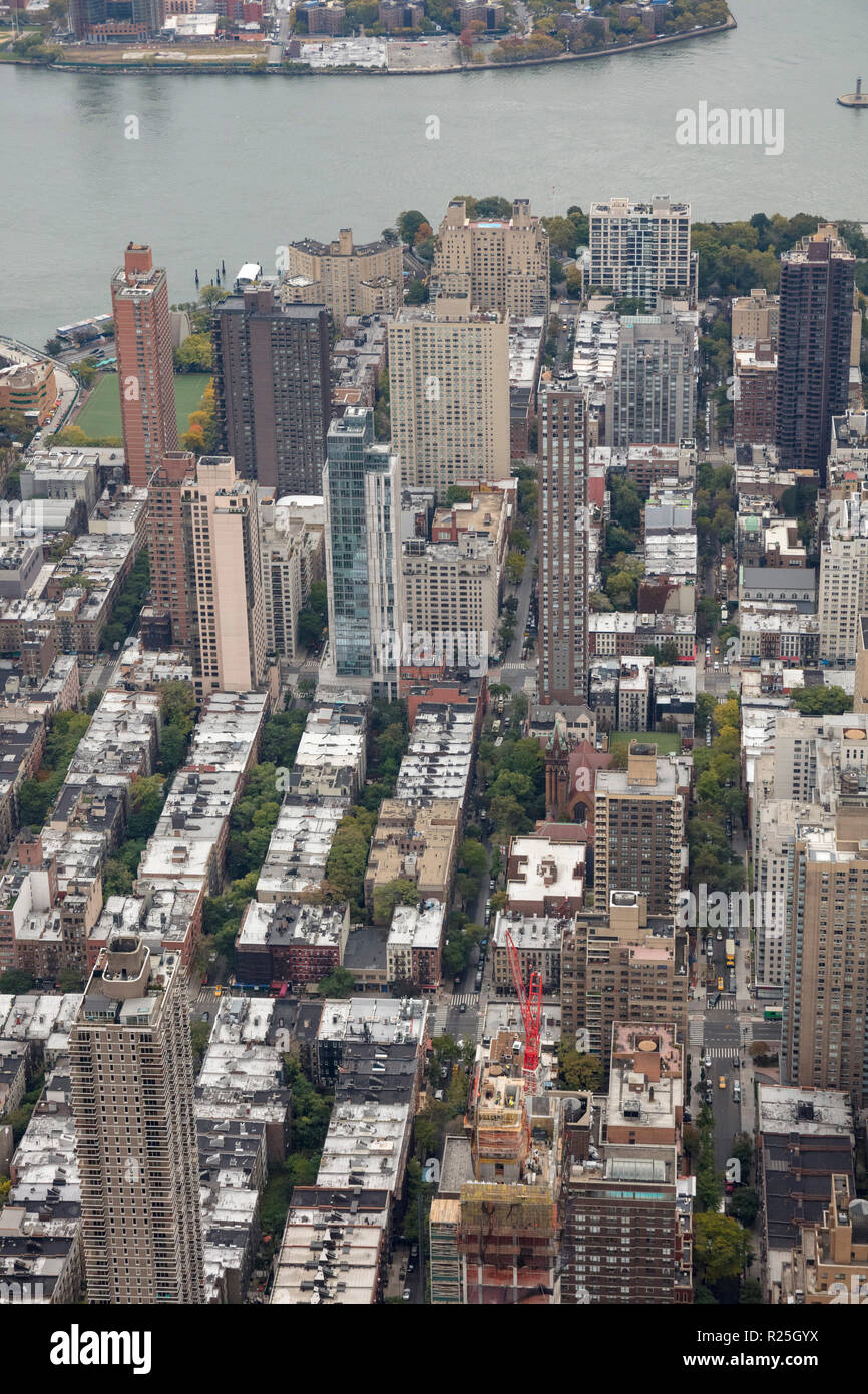 helicopter aerial view of Yorkville at 88th St, Upper East Side Manhattan, New York, USA Stock Photo