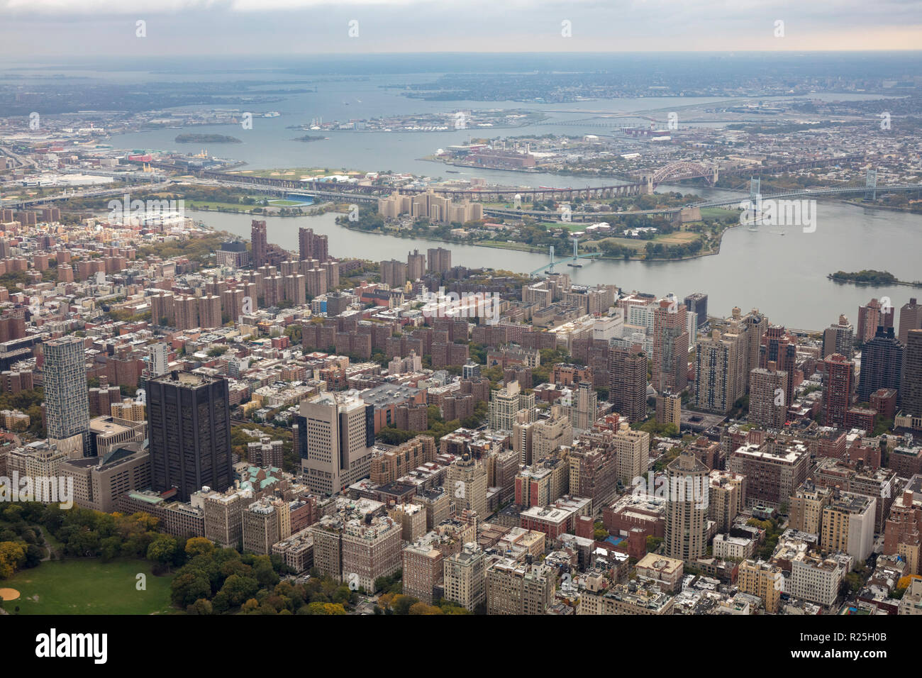 helicopter aerial view of Upper East side Manhattan, New York, USA Stock Photo