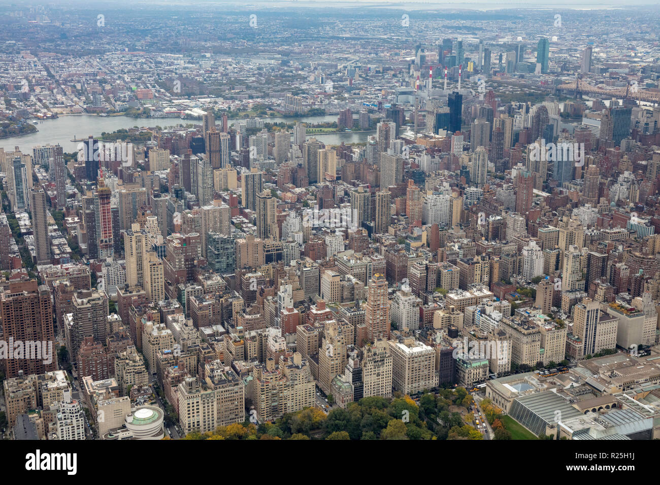 helicopter aerial view of Upper Manhattan, New York, USA Stock Photo