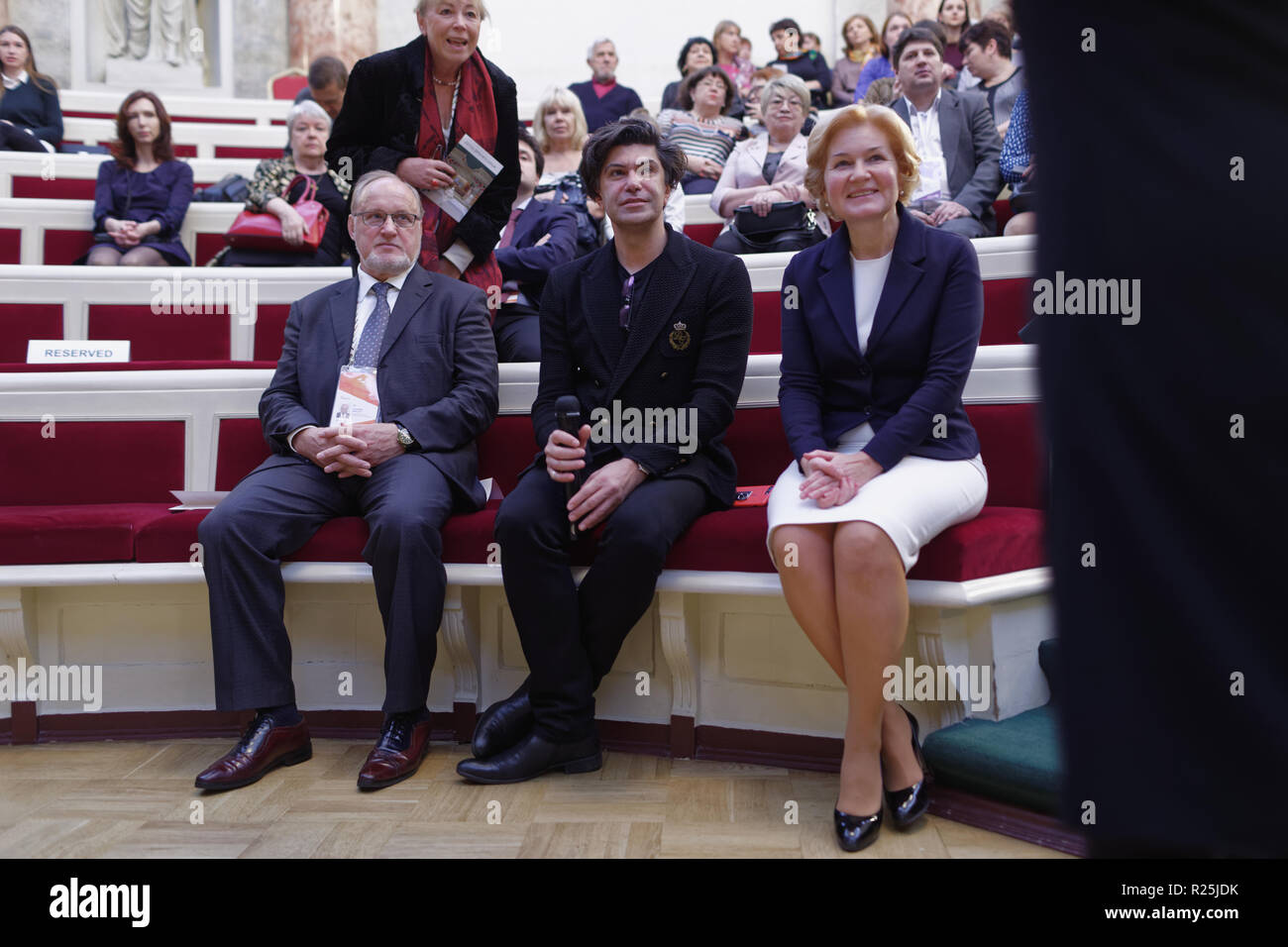 St. Petersburg, Russia - November 16, 2018: Olga Golodets, Deputy Prime Minister of Russia (center right), Nikolai Tsiskaridze, the principal of the V Stock Photo