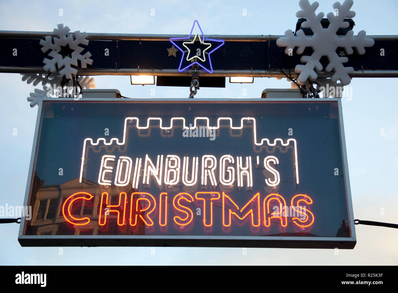 Edinburgh Christmas sign, Princes Street market, Edinburgh, Scotland UK Stock Photo