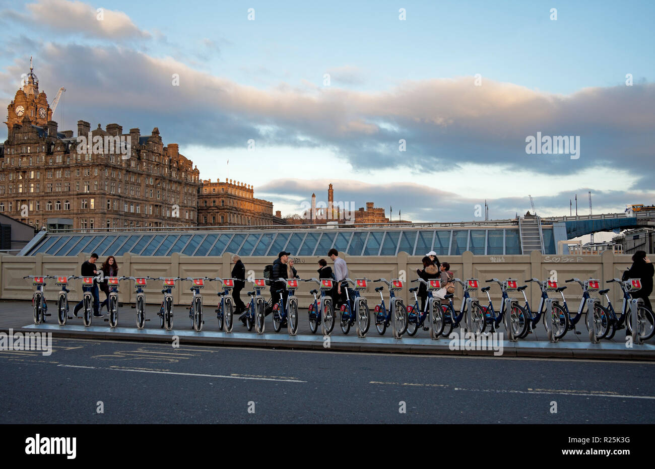 Row of Hire Bicycles, Waverley Bridge, Edinburgh, Scotland, UK Stock Photo