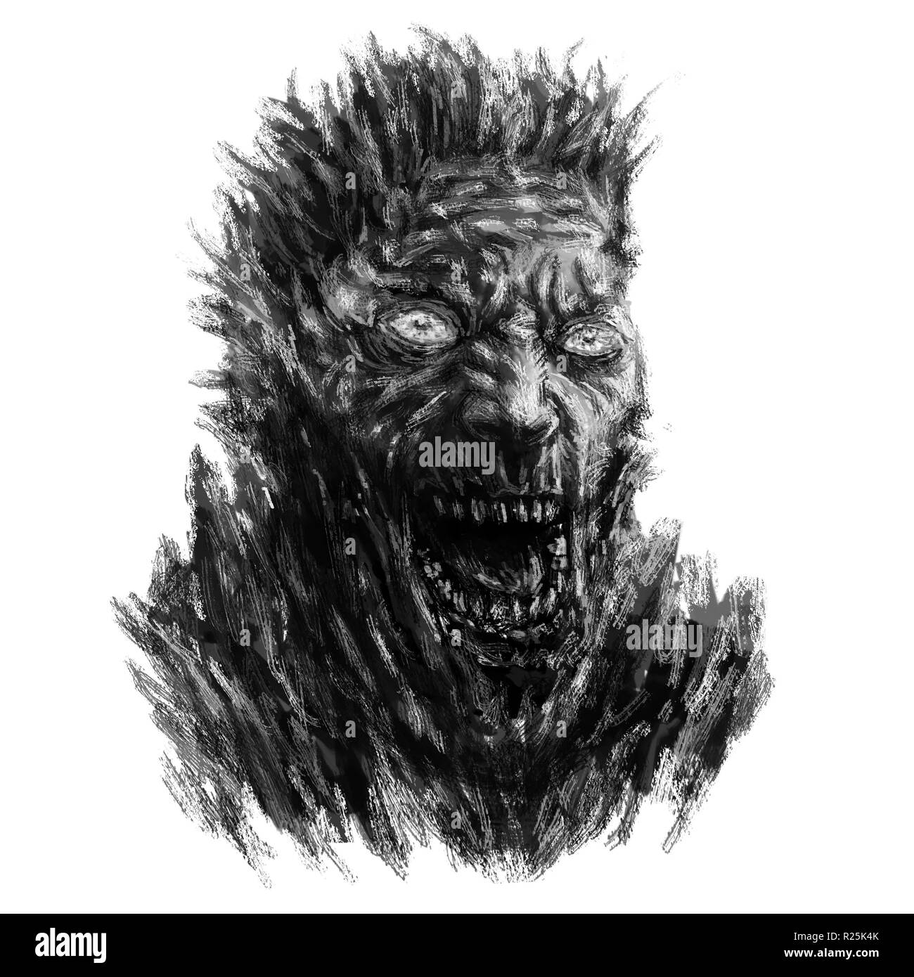 Angry zombie face concept. Illustration in genre of horror. Black and white color. Stock Photo