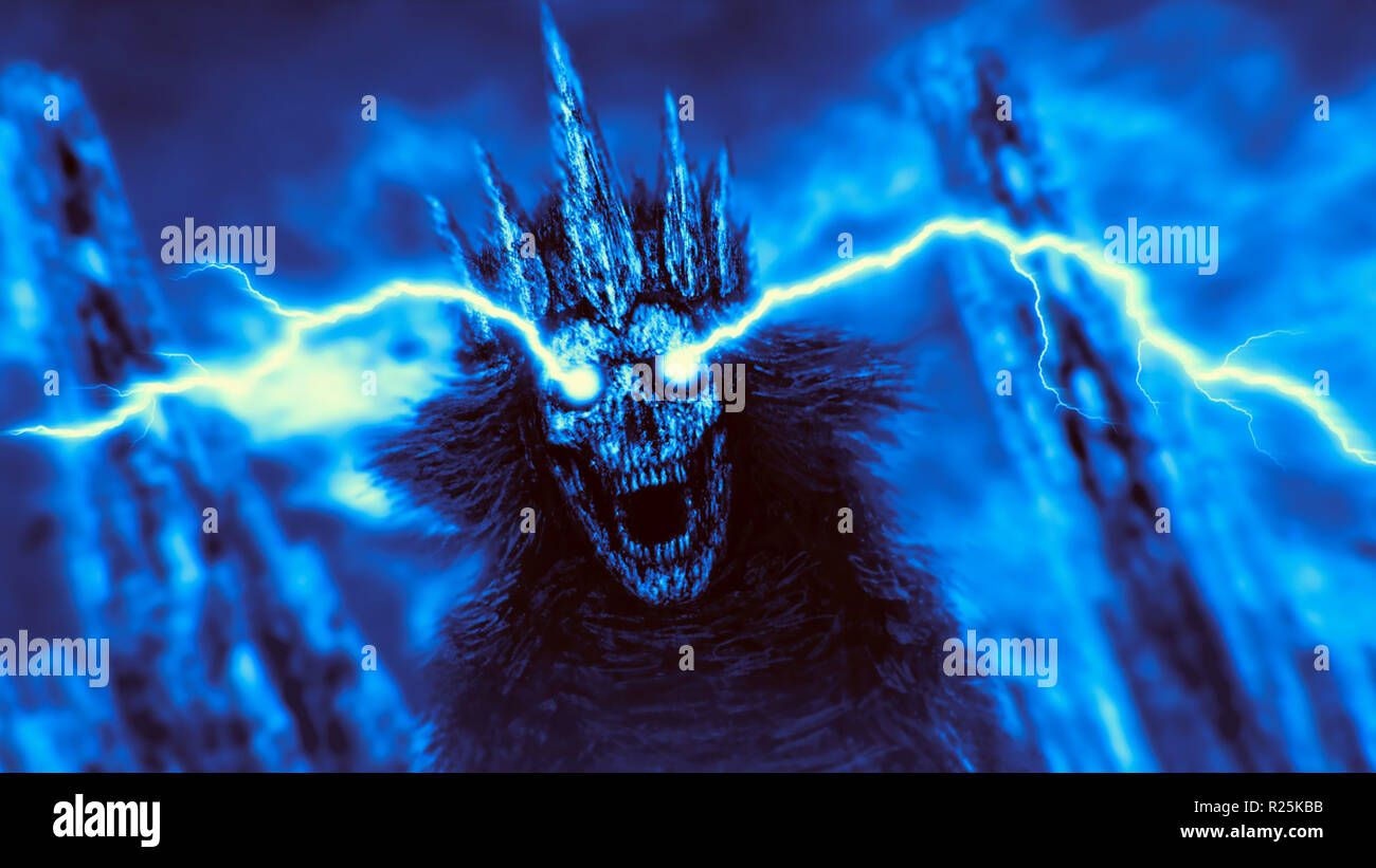 Dark queen with crown and lightning from eyes. Fantasy illustration. Blue backdrop color. Stock Photo