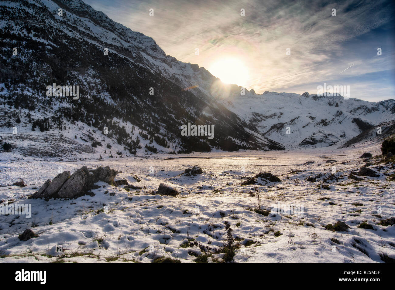 Otal valley at sunset, Huesca, Pyrenees. Stock Photo