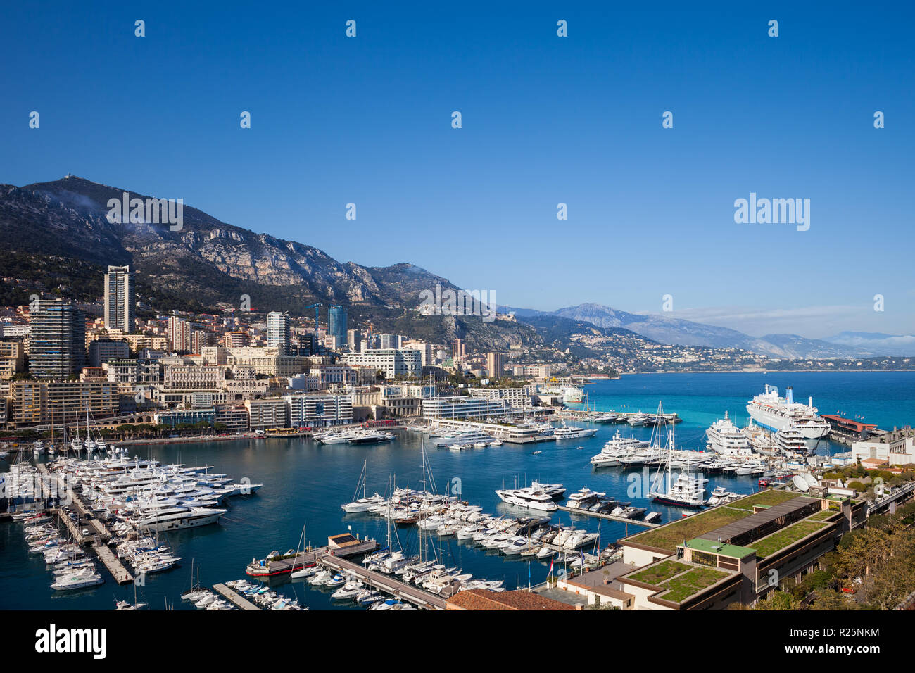 Monaco principality cityscape around Port Hercule, southern Europe. Stock Photo