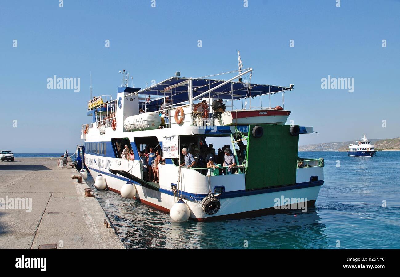 Passenger ferry Nissos Halki docking at Kamiros skala on the Greek island of Rhodes on July 13, 2016. The ferry operates between Rhodes and Halki. Stock Photo