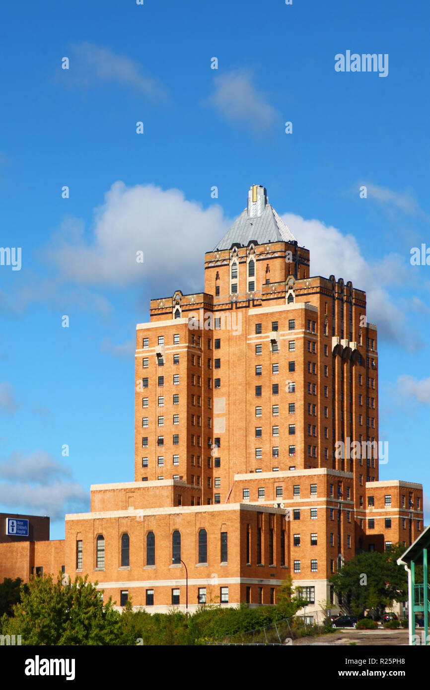 Vertical of the historic Akron YMCA building in Akron, Ohio. Open in