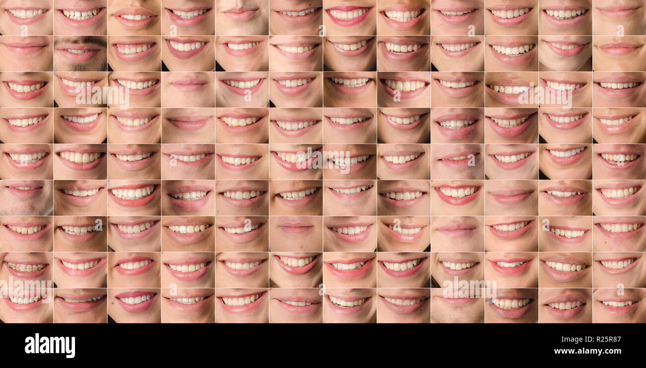 Collection of images of human mouths of men and women forming a texture. Collage of lips background Stock Photo