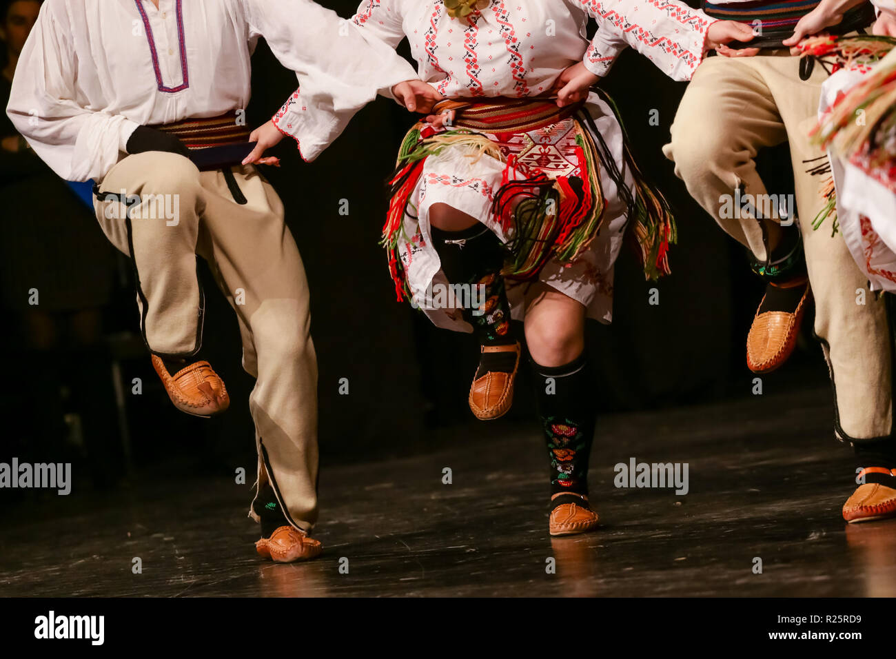 Young Serbian dancers in traditional costume. Folklore of Serbia Stock