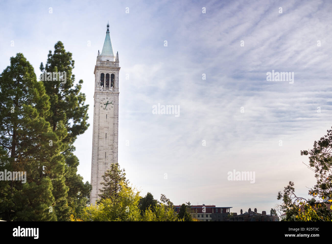 Sather tower (the Campanile) on a cloudy sky background, UC Berkeley, California, San Francisco bay Stock Photo