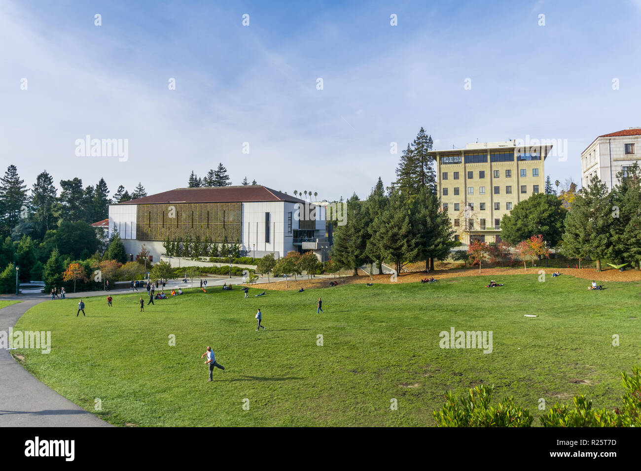 November 19, 2017 Berkeley/CA/USA - People playing and lounging on a green meadow in the university's campus on a sunny day Stock Photo